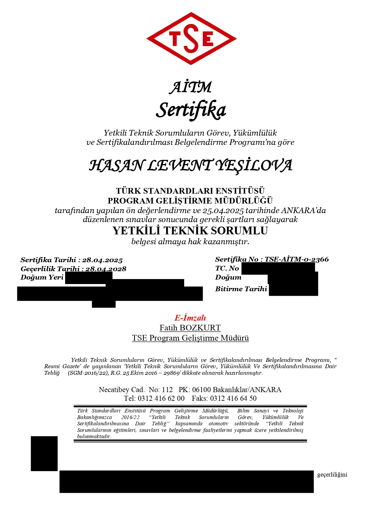 TSE AİTM Yetkili Teknik Sorumlu Belgesi - Hasan Levent Yeşilova